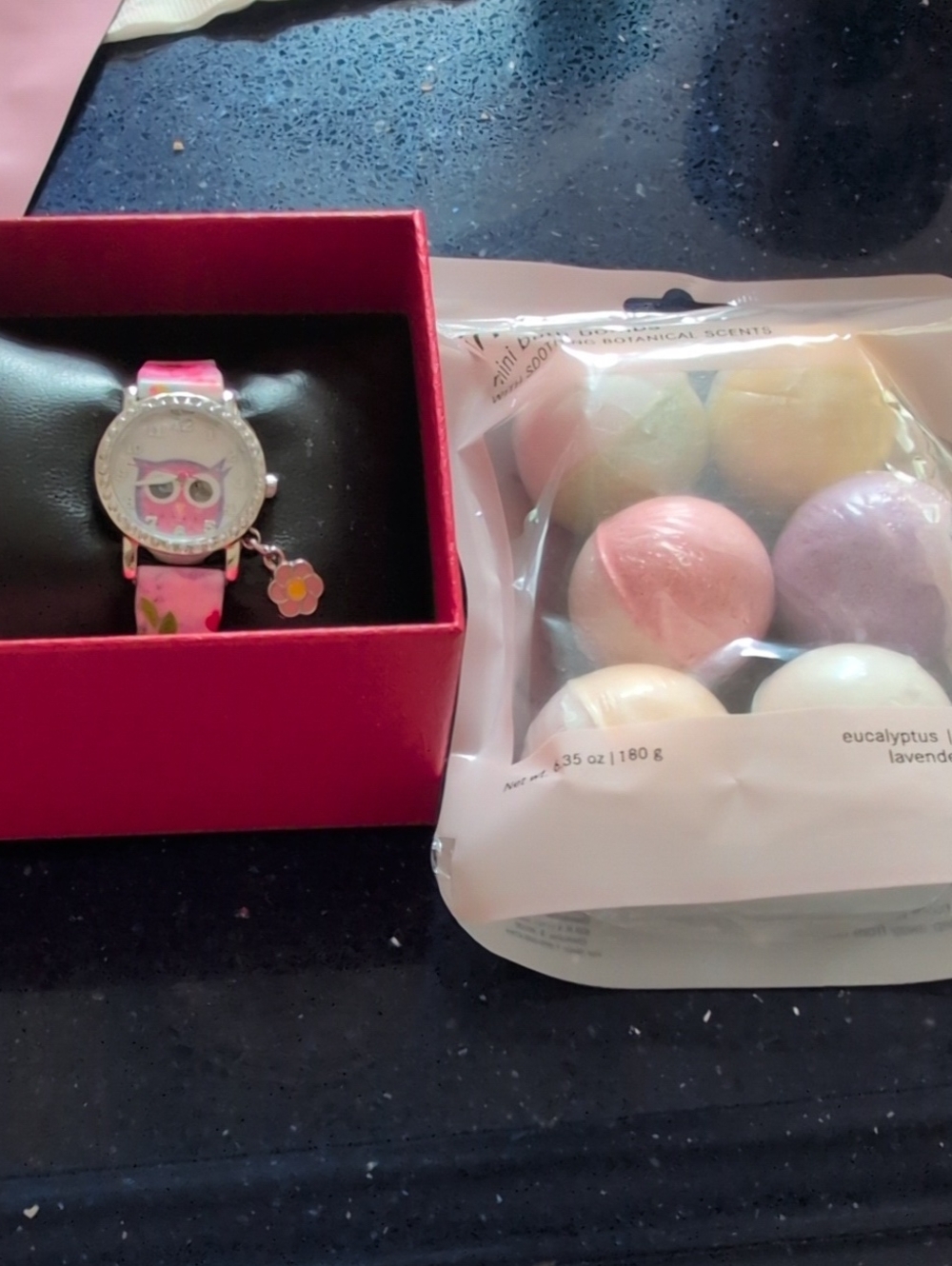 . New In The Box Kids Pink Owl Flower Charm Watch  And A New Pack Of 6 Bath Bomb